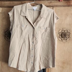 Tan Button-Down Women's Linen Shirt, Size L EUC